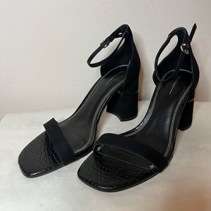 Black high heeled #Bershka sandals with reptile skin pattern at toe, Size 7.5